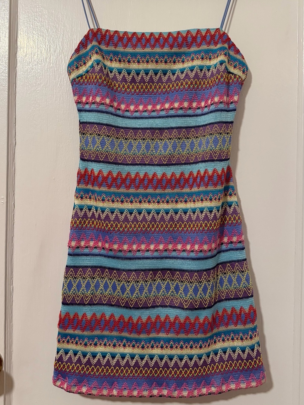 Multicolor Striped Knit Embroidered Mini Dress Blue Purple & Pink Patterns